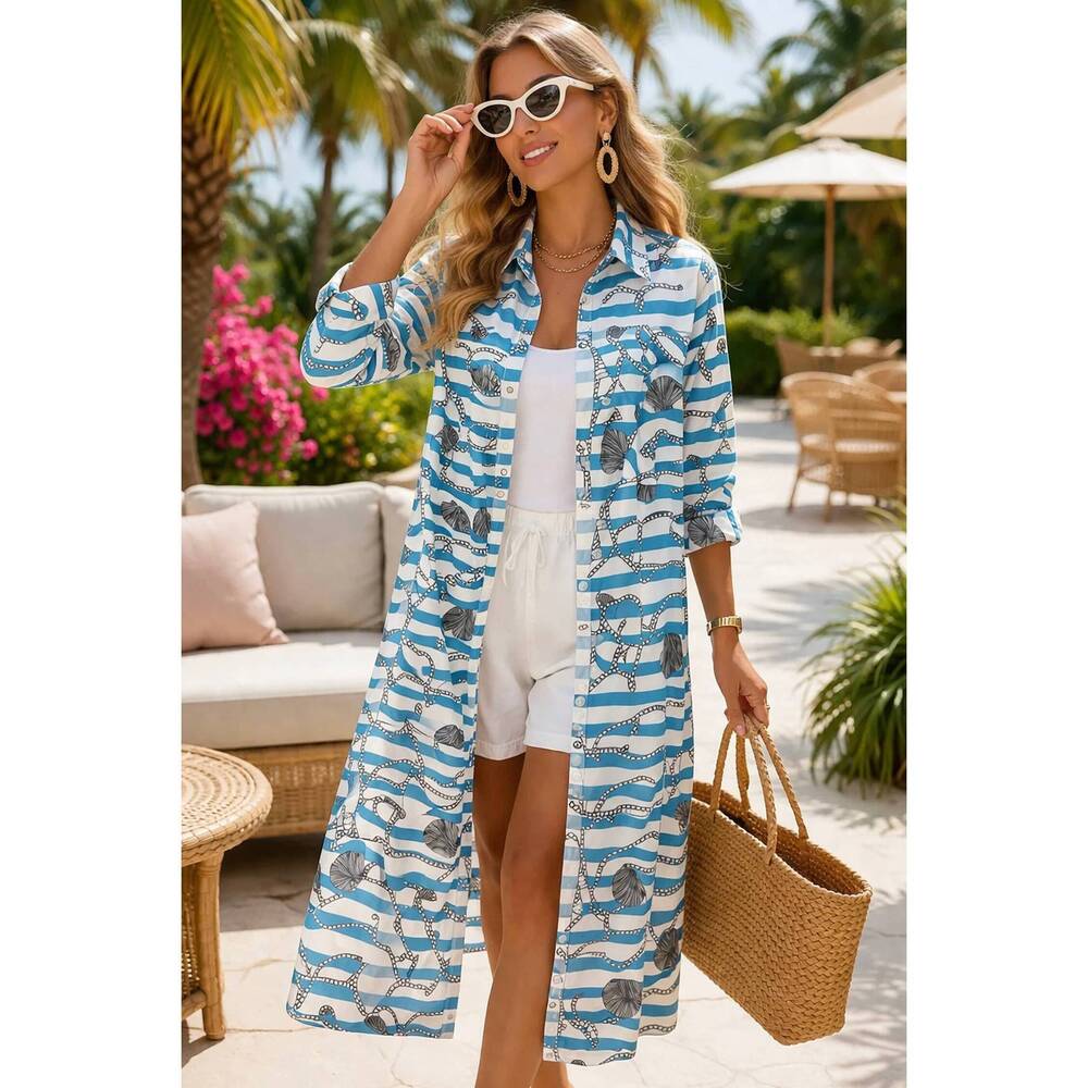 NEW HALF HEART coastal luxe stripe and shell maxi shirt dress duster in blue